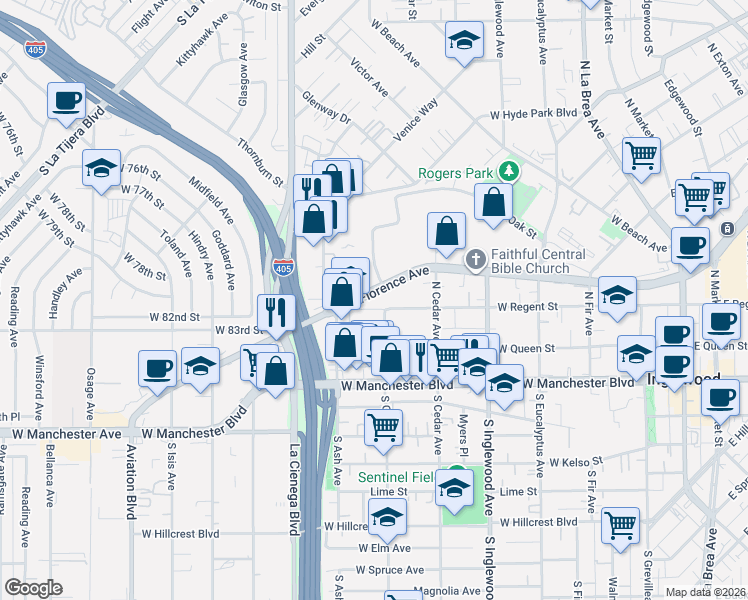 map of restaurants, bars, coffee shops, grocery stores, and more near 631 West Regent Street in Inglewood