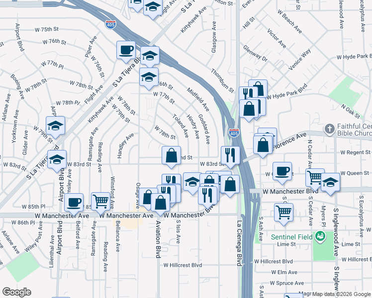 map of restaurants, bars, coffee shops, grocery stores, and more near 7849 Hindry Avenue in Los Angeles