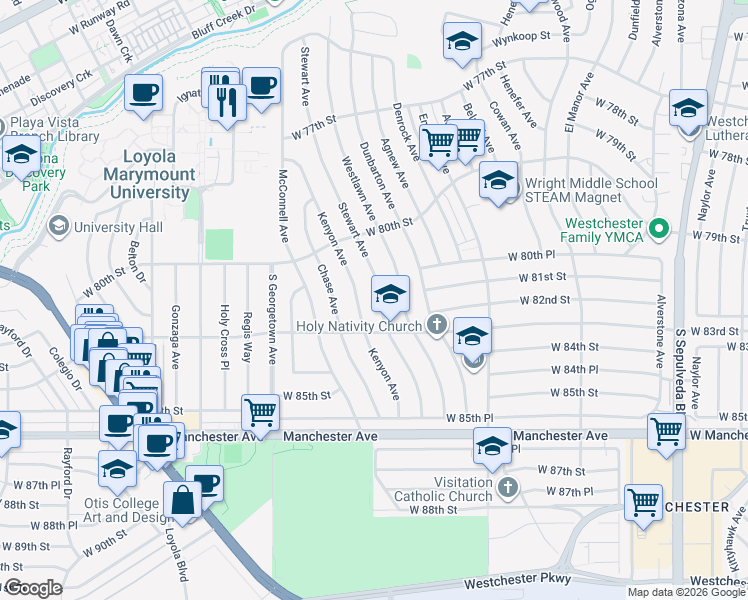 map of restaurants, bars, coffee shops, grocery stores, and more near 8129 Kenyon Avenue in Los Angeles