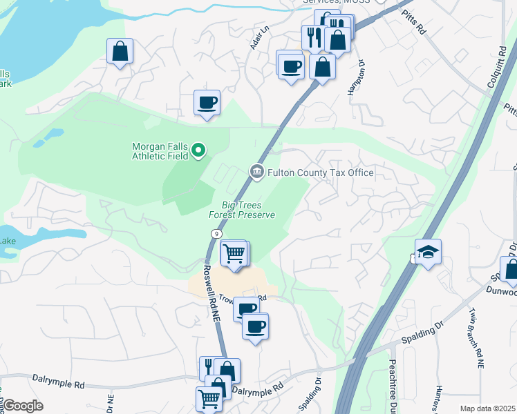 map of restaurants, bars, coffee shops, grocery stores, and more near 7741 Roswell Road in Atlanta