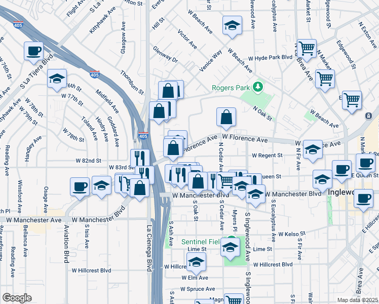 map of restaurants, bars, coffee shops, grocery stores, and more near 633 West Regent Street in Inglewood