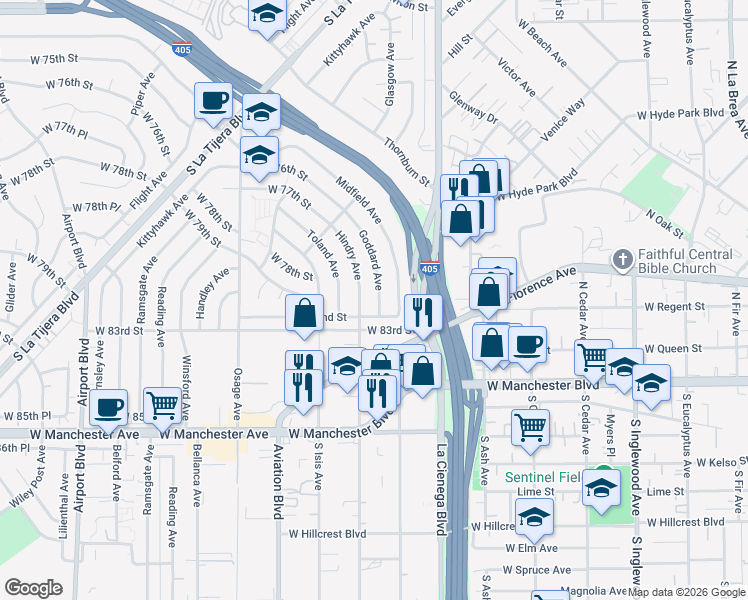 map of restaurants, bars, coffee shops, grocery stores, and more near 7840 Goddard Avenue in Los Angeles