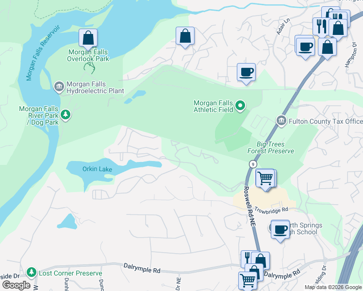 map of restaurants, bars, coffee shops, grocery stores, and more near 3104 Santa Fe Parkway in Sandy Springs
