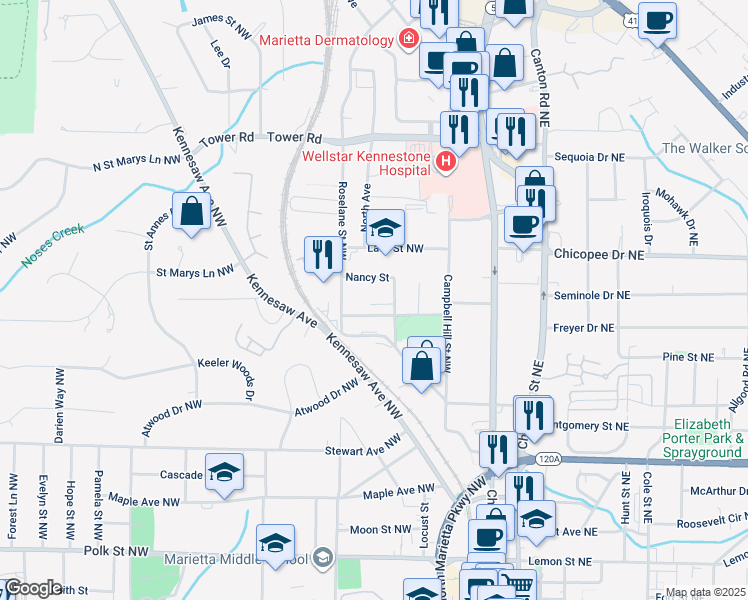 map of restaurants, bars, coffee shops, grocery stores, and more near 116 Olde Marietta Court in Marietta