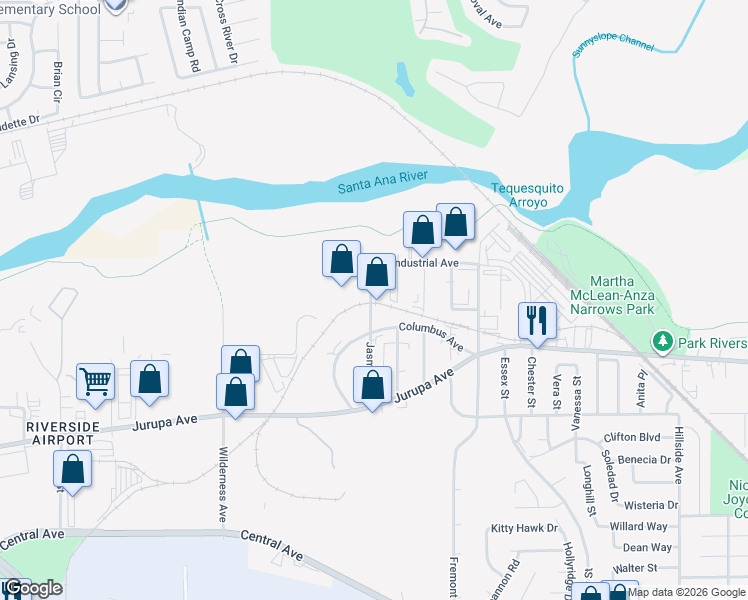 map of restaurants, bars, coffee shops, grocery stores, and more near 5852 Jasmine Street in Riverside