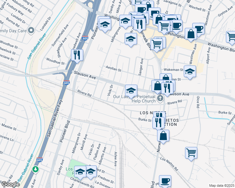 map of restaurants, bars, coffee shops, grocery stores, and more near 8602 Flallon Avenue in Whittier