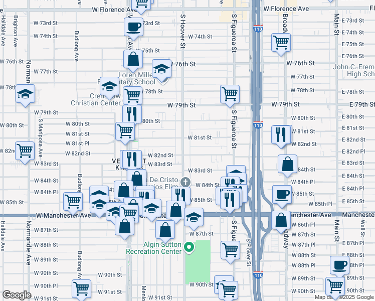 map of restaurants, bars, coffee shops, grocery stores, and more near 8128 South Hoover Street in Los Angeles
