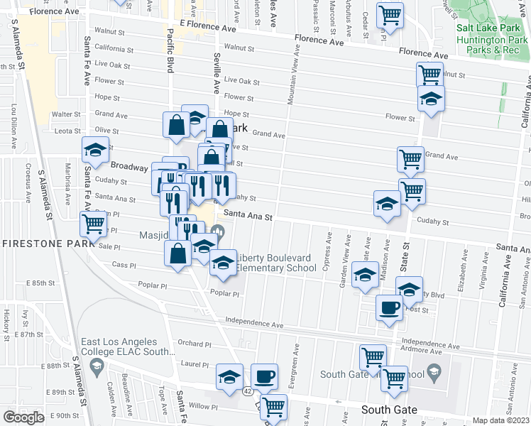 map of restaurants, bars, coffee shops, grocery stores, and more near 2813 Santa Ana Street in South Gate