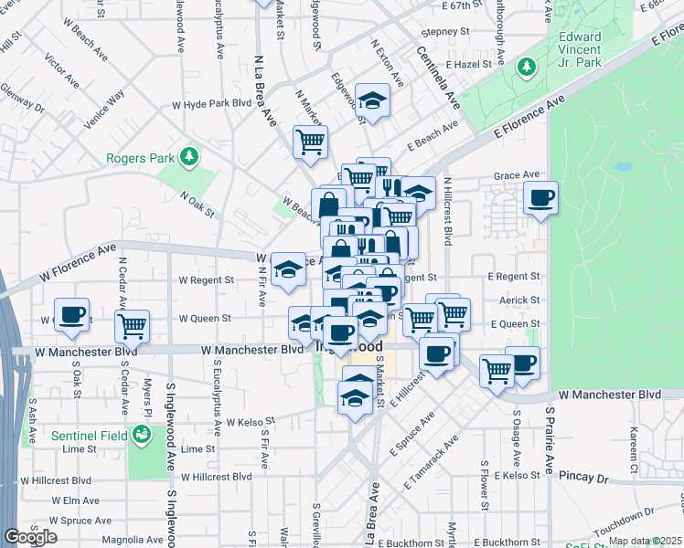 map of restaurants, bars, coffee shops, grocery stores, and more near 201 North La Brea Avenue in Inglewood