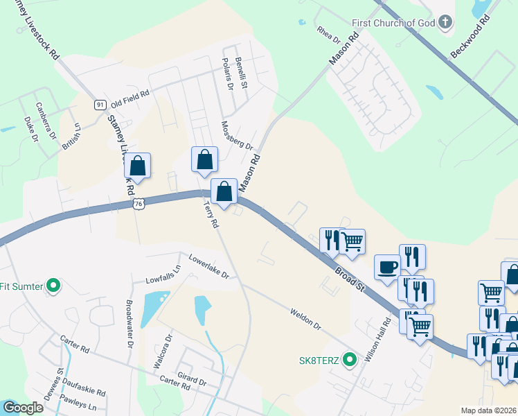 map of restaurants, bars, coffee shops, grocery stores, and more near 2765 Broad Street in Sumter