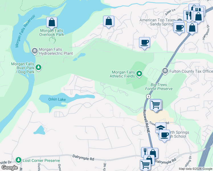 map of restaurants, bars, coffee shops, grocery stores, and more near 3104 Santa Fe Parkway in Sandy Springs