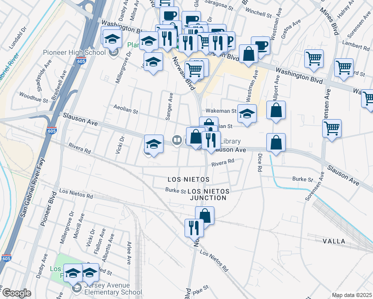 map of restaurants, bars, coffee shops, grocery stores, and more near 8501 Vanport Avenue in Whittier