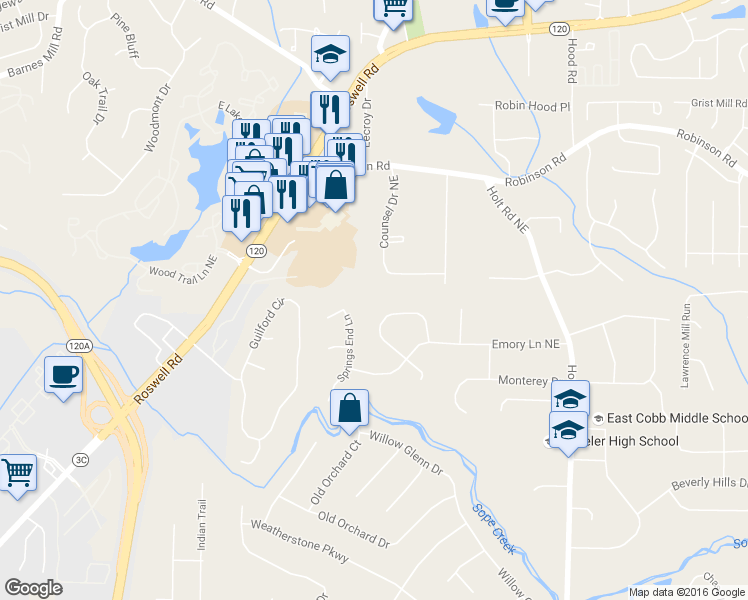 map of restaurants, bars, coffee shops, grocery stores, and more near 541 Spring Creek Way in Marietta