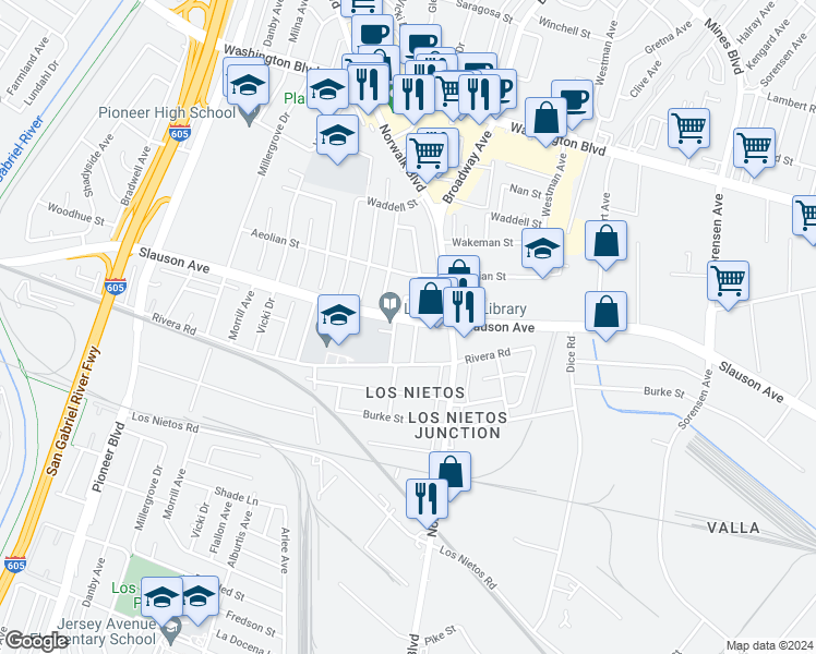 map of restaurants, bars, coffee shops, grocery stores, and more near 8501 Vanport Avenue in Whittier