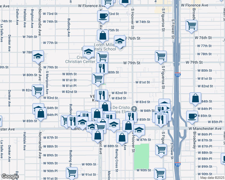 map of restaurants, bars, coffee shops, grocery stores, and more near 921 West 82nd Street in Los Angeles