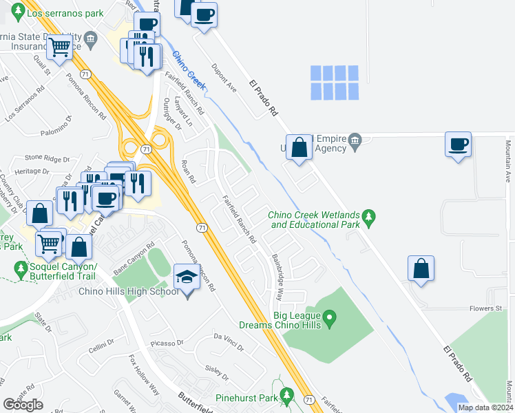 map of restaurants, bars, coffee shops, grocery stores, and more near 5624 Ashland Court in Chino Hills