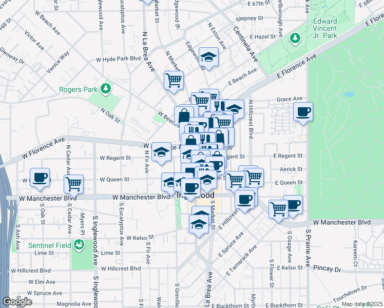 map of restaurants, bars, coffee shops, grocery stores, and more near 204 East Regent Street in Inglewood