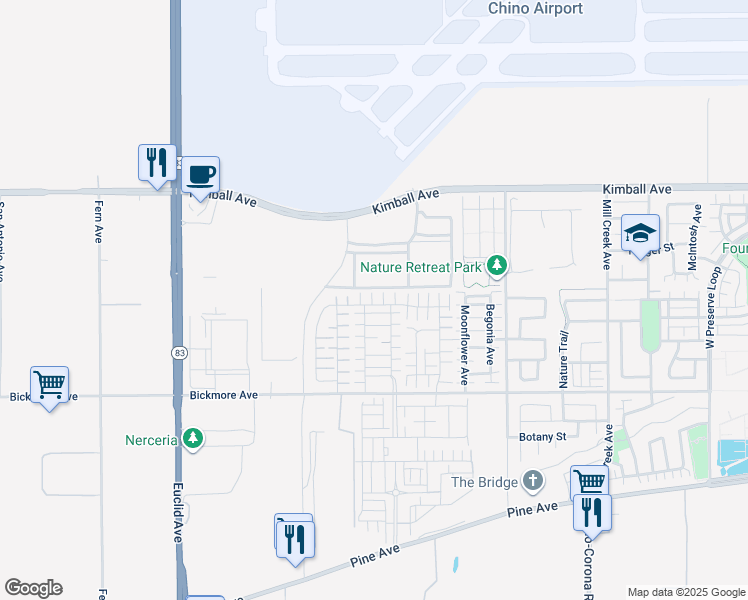 map of restaurants, bars, coffee shops, grocery stores, and more near 7464 Shorthorn Street in Chino