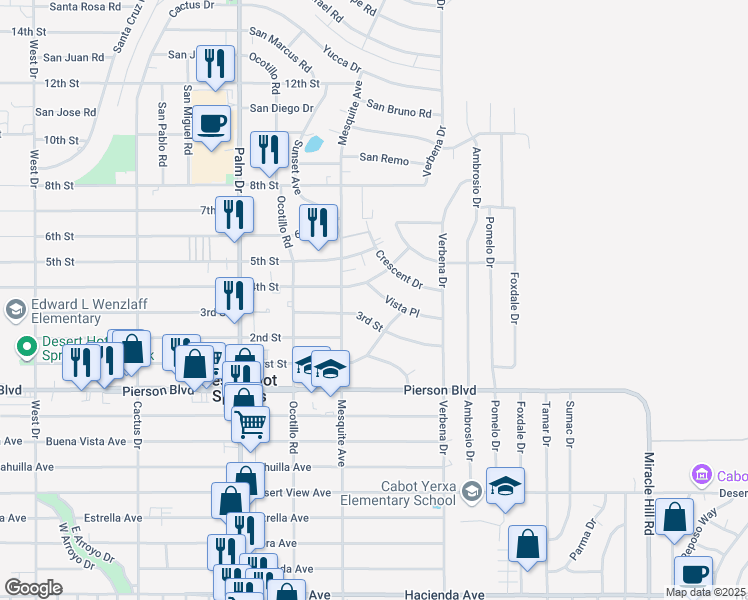 map of restaurants, bars, coffee shops, grocery stores, and more near 66835 Vista Place in Desert Hot Springs