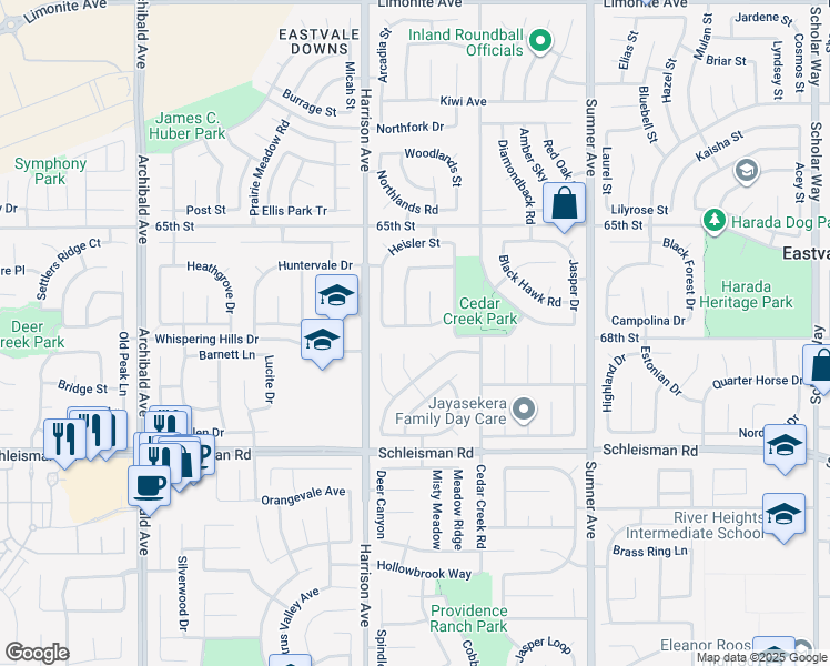 map of restaurants, bars, coffee shops, grocery stores, and more near 13707 Woodside Street in Corona