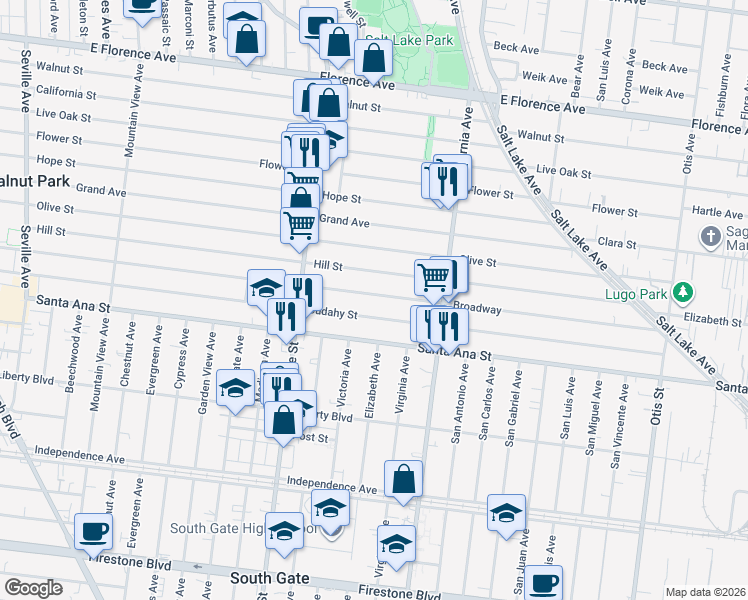 map of restaurants, bars, coffee shops, grocery stores, and more near 3372 Broadway Ave in Huntington Park