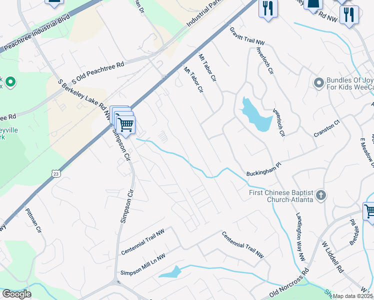 map of restaurants, bars, coffee shops, grocery stores, and more near 2453 Shetley Creek Drive in Norcross