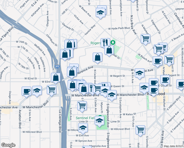 map of restaurants, bars, coffee shops, grocery stores, and more near 527 West Regent Street in Inglewood