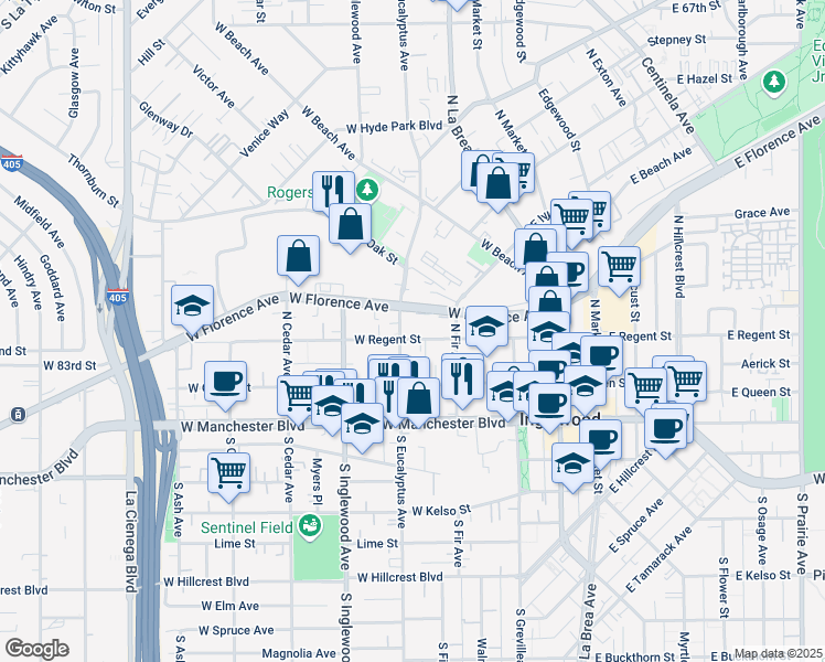 map of restaurants, bars, coffee shops, grocery stores, and more near 235 West Regent Street in Inglewood