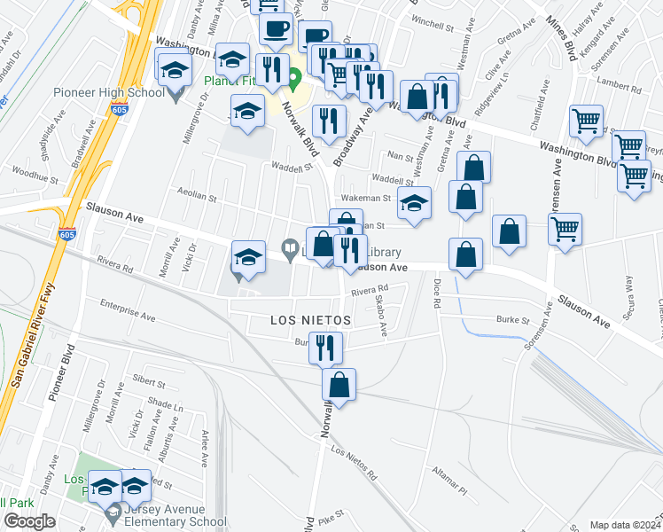 map of restaurants, bars, coffee shops, grocery stores, and more near 8521 Slauson Avenue in Whittier