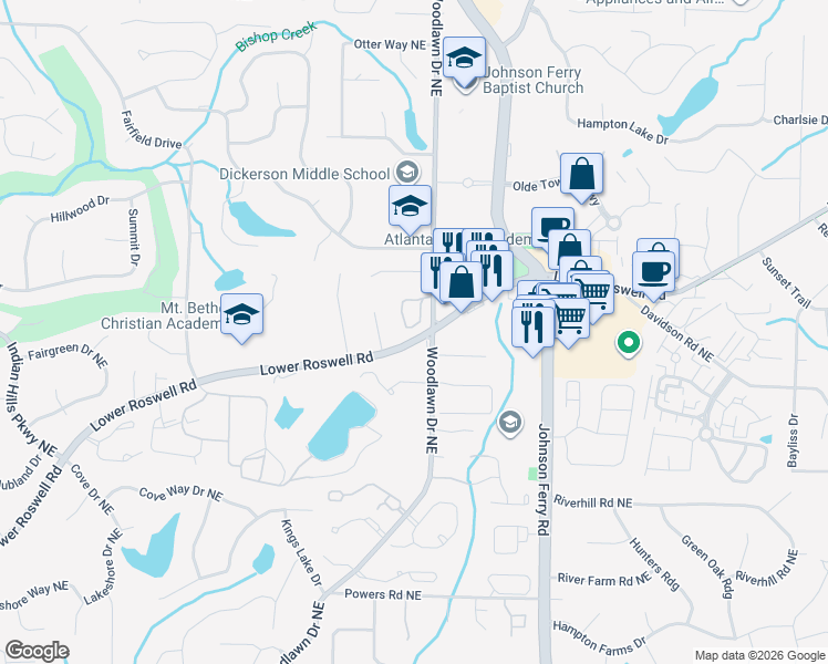 map of restaurants, bars, coffee shops, grocery stores, and more near 4612 Woodlawn Gates Lane in Marietta