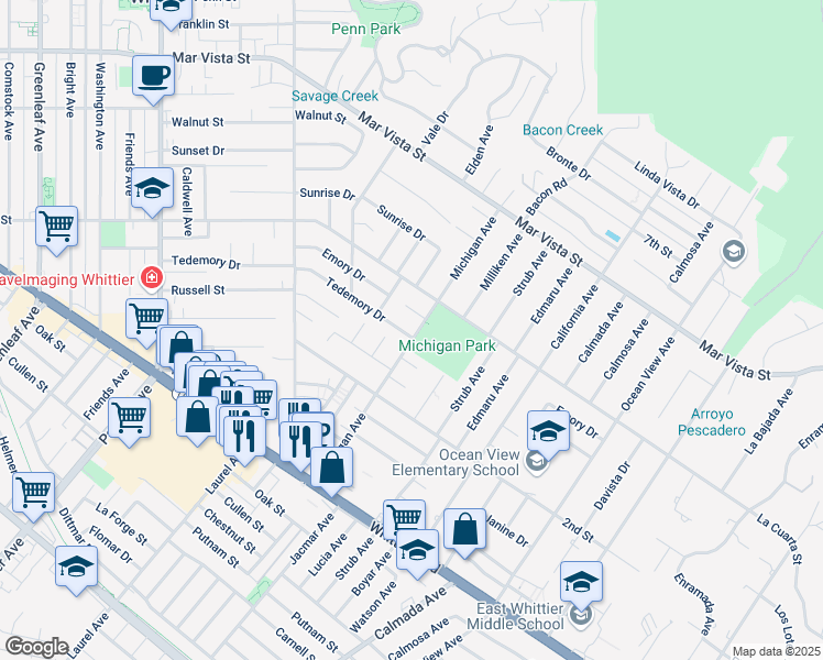 map of restaurants, bars, coffee shops, grocery stores, and more near 8239 Michigan Avenue in Whittier