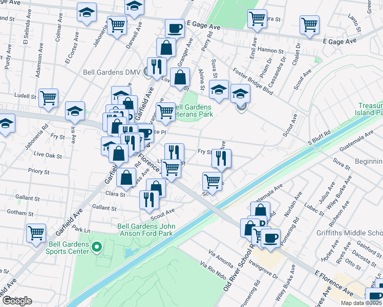 map of restaurants, bars, coffee shops, grocery stores, and more near 6588 Fry Street in Bell Gardens