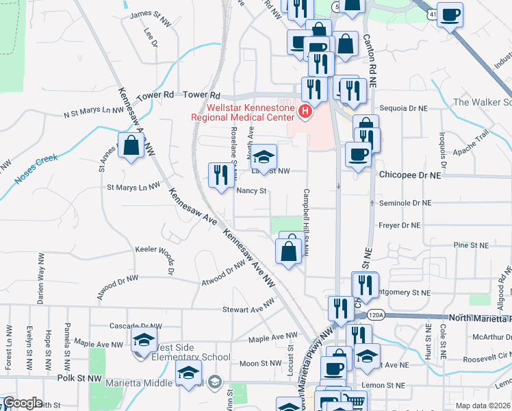 map of restaurants, bars, coffee shops, grocery stores, and more near 116 Olde Marietta Court Northwest in Marietta