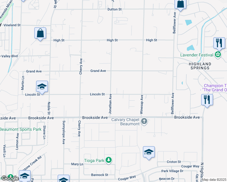 map of restaurants, bars, coffee shops, grocery stores, and more near 40278 Lincoln Street in Cherry Valley