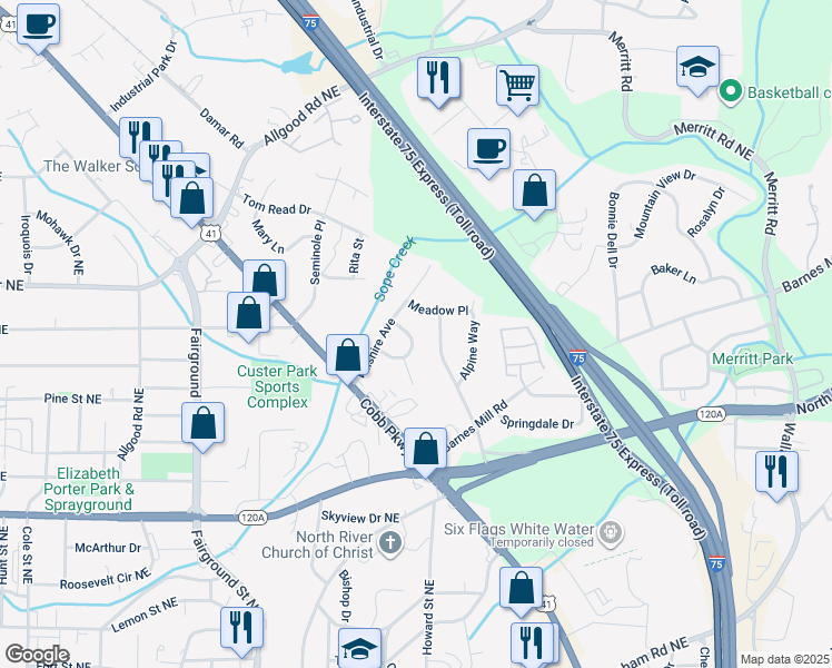 map of restaurants, bars, coffee shops, grocery stores, and more near 814 Delta Circle in Marietta