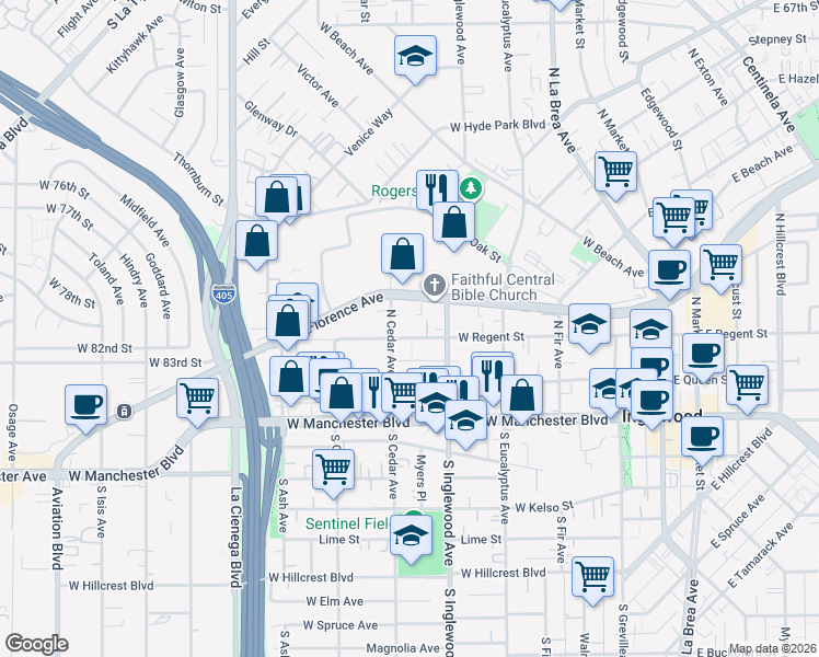 map of restaurants, bars, coffee shops, grocery stores, and more near 435 West Regent Street in Inglewood