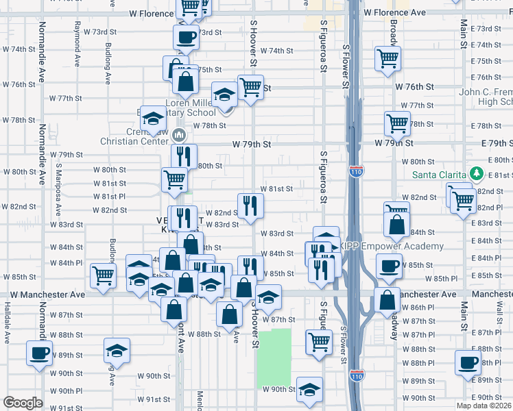 map of restaurants, bars, coffee shops, grocery stores, and more near 8128 South Hoover Street in Los Angeles