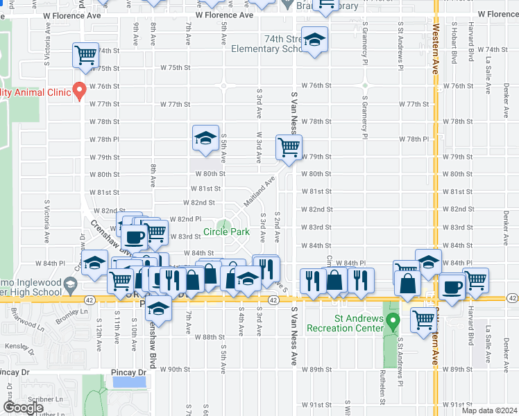 map of restaurants, bars, coffee shops, grocery stores, and more near 8115 South 3rd Avenue in Inglewood