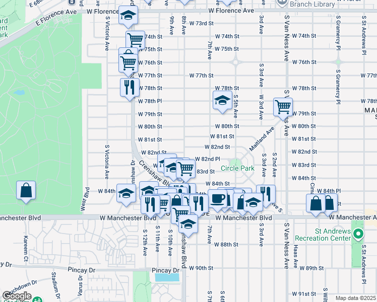 map of restaurants, bars, coffee shops, grocery stores, and more near 3016 West 82nd Street in Inglewood
