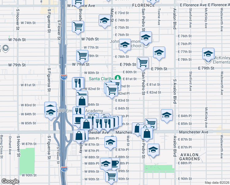 map of restaurants, bars, coffee shops, grocery stores, and more near 8309 South Main Street in Los Angeles