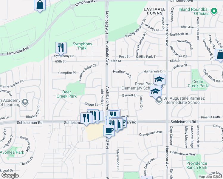 map of restaurants, bars, coffee shops, grocery stores, and more near 14189 Emmerglen Way in Corona