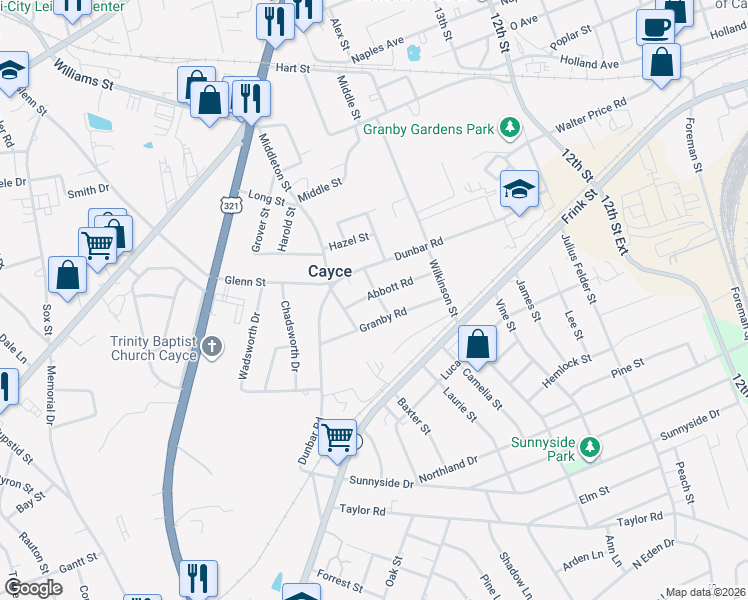 map of restaurants, bars, coffee shops, grocery stores, and more near 1601 Abbott Road in Cayce