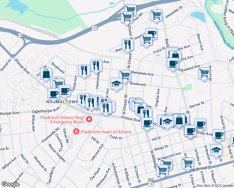 map of restaurants, bars, coffee shops, grocery stores, and more near 757 North Chase Street in Athens