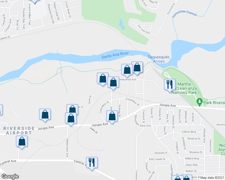 map of restaurants, bars, coffee shops, grocery stores, and more near 5852 Jasmine Street in Riverside