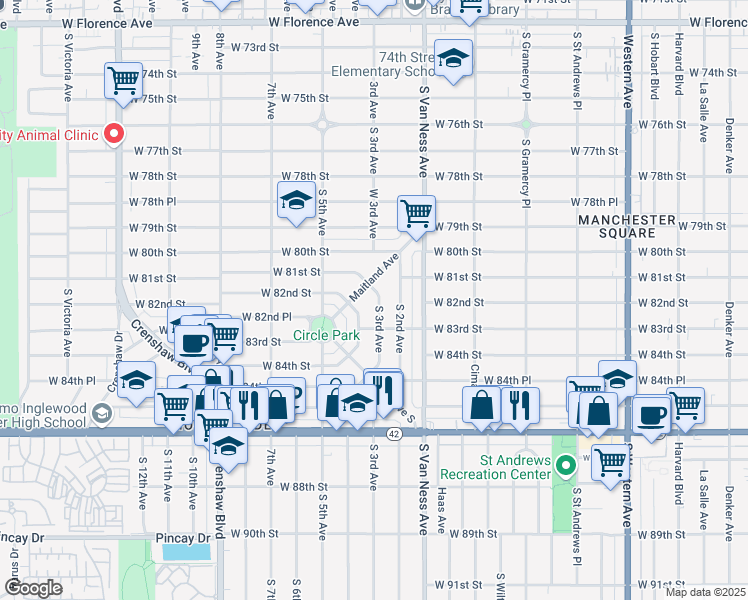 map of restaurants, bars, coffee shops, grocery stores, and more near 8115 South 3rd Avenue in Inglewood