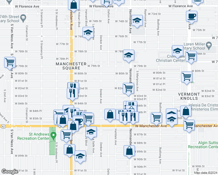 map of restaurants, bars, coffee shops, grocery stores, and more near 1529 West 82nd Street in Los Angeles