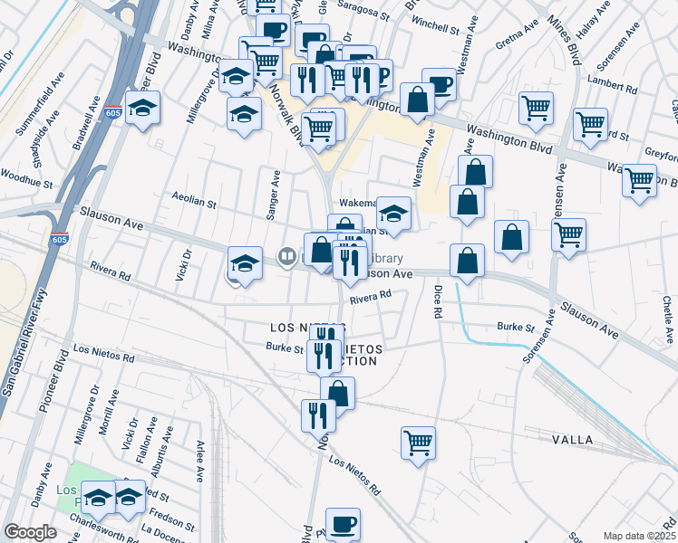 map of restaurants, bars, coffee shops, grocery stores, and more near Slauson Ave & Norwalk Blvd in Santa Fe Springs