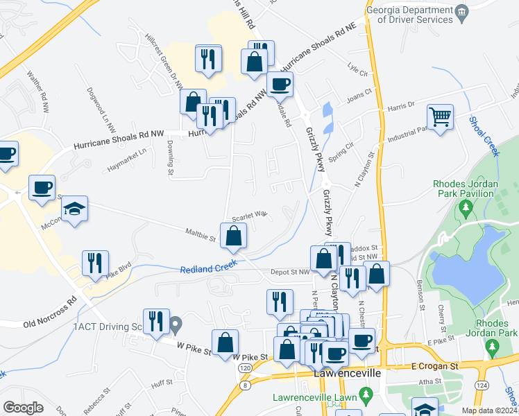 map of restaurants, bars, coffee shops, grocery stores, and more near 221 Scarlet Way in Lawrenceville