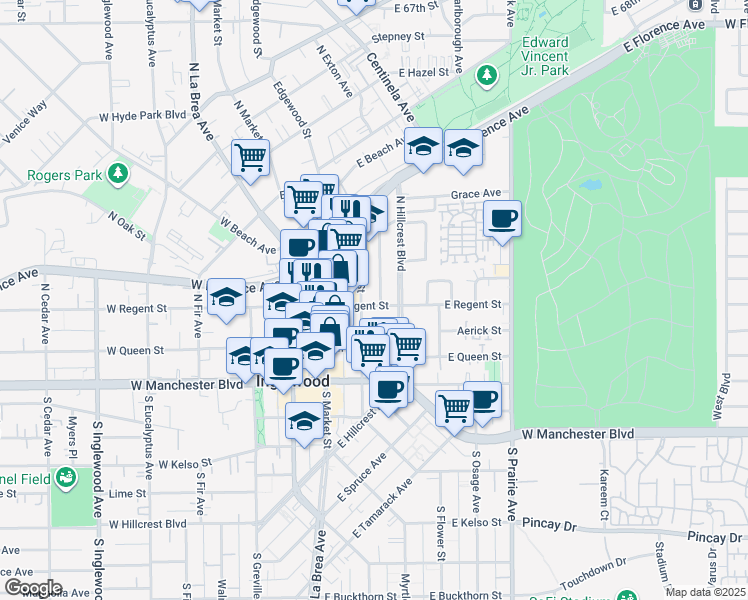 map of restaurants, bars, coffee shops, grocery stores, and more near 202 North Locust Street in Inglewood