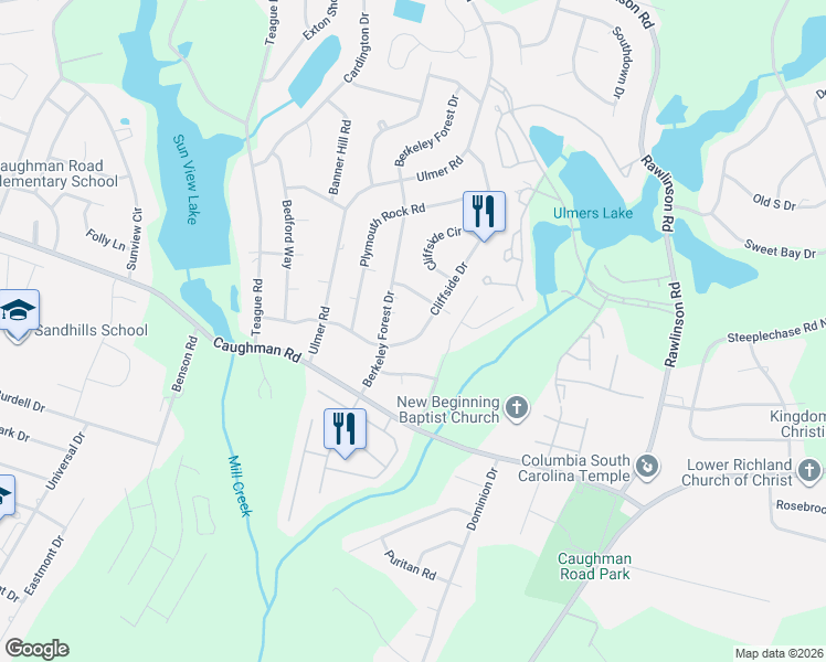 map of restaurants, bars, coffee shops, grocery stores, and more near 2616 Cliffside Drive in Columbia